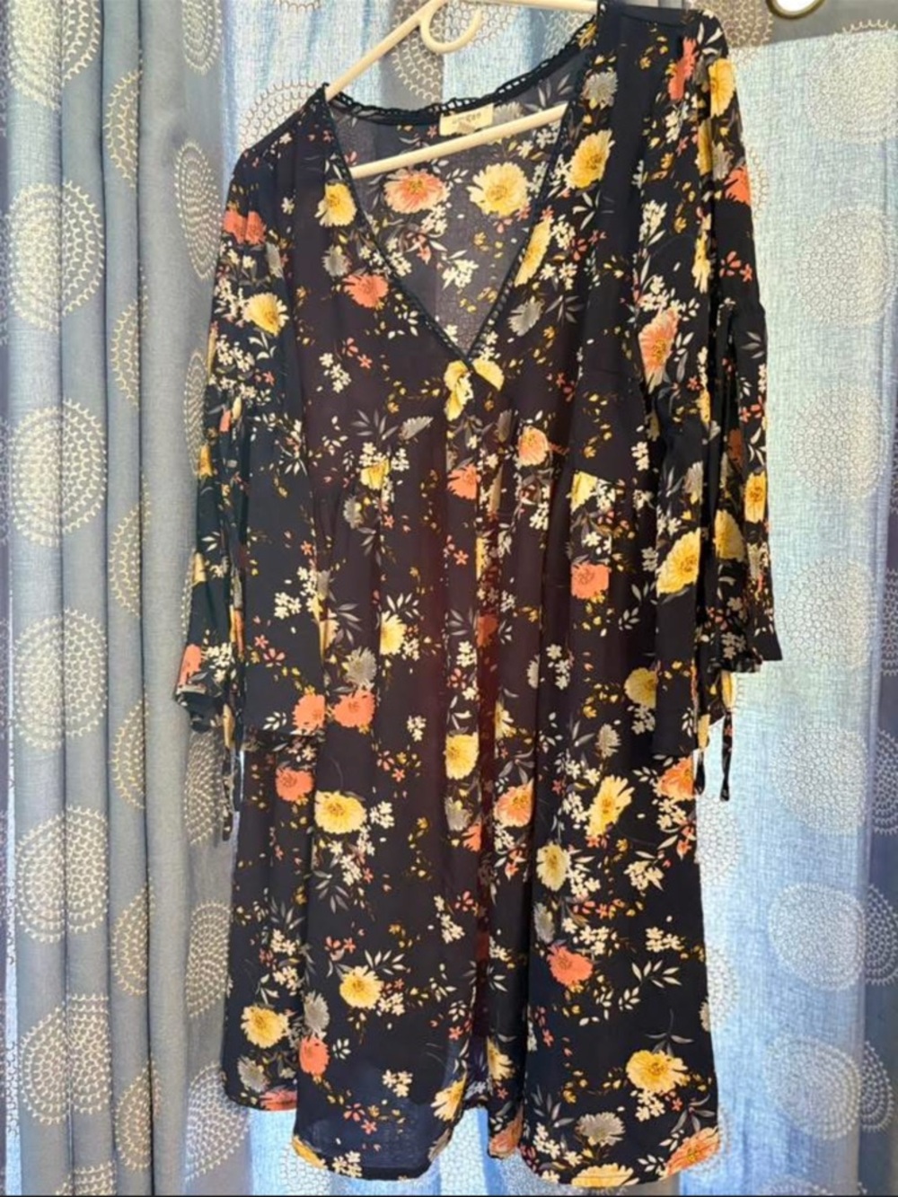 Black Floral V-Neck Tunic Dress with Yellow & Coral Blooms